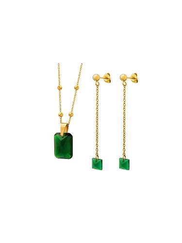 Vintage Geometric Titan Steel Crystal Green Ohrring und Halskette Set
