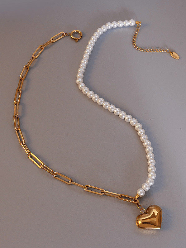 Titan 316L Edelstahl Nachahmung Perle Herz Vintage Halskette mit e-beschichtetem wasserdicht