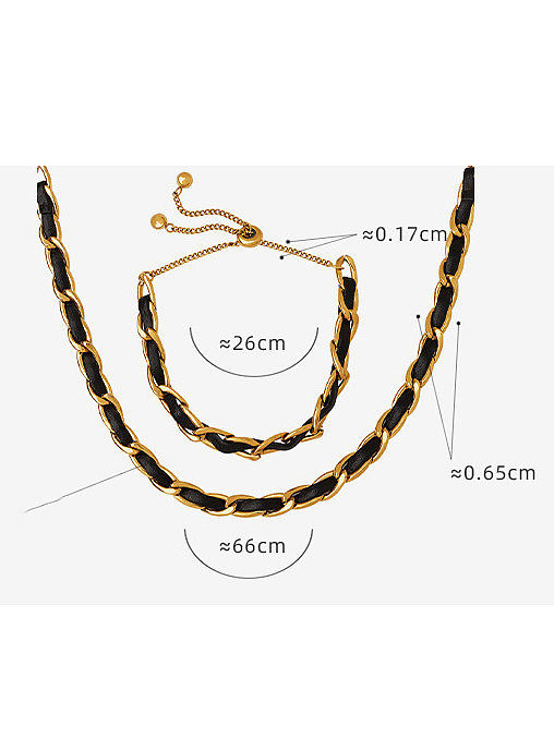 Conjunto de colar e pulseira de corrente vintage de couro artificial de aço titânio