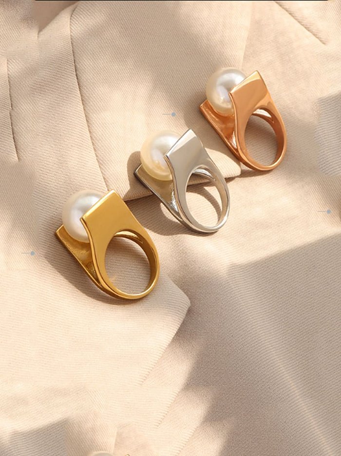 Titanium 316L Stainless Steel Imitation Pearl Geometric Vintage Band Ring with e-coated waterproof