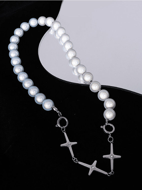 Titanium Steel Imitation Pearl Cross Hip Hop Necklace