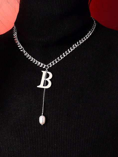 Titanium 316L Stainless Steel Imitation Pearl Tassel Letter B Vintage Necklace with e-coated waterproof