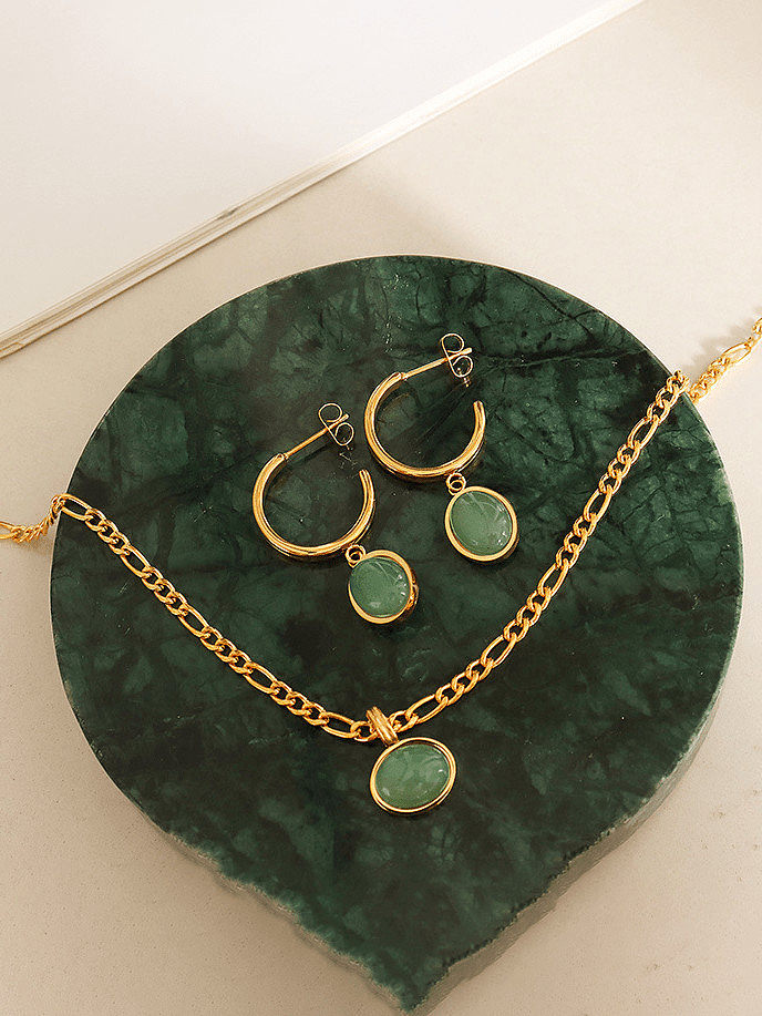 Conjunto de colar e brinco geométrico vintage de jade de aço titânio