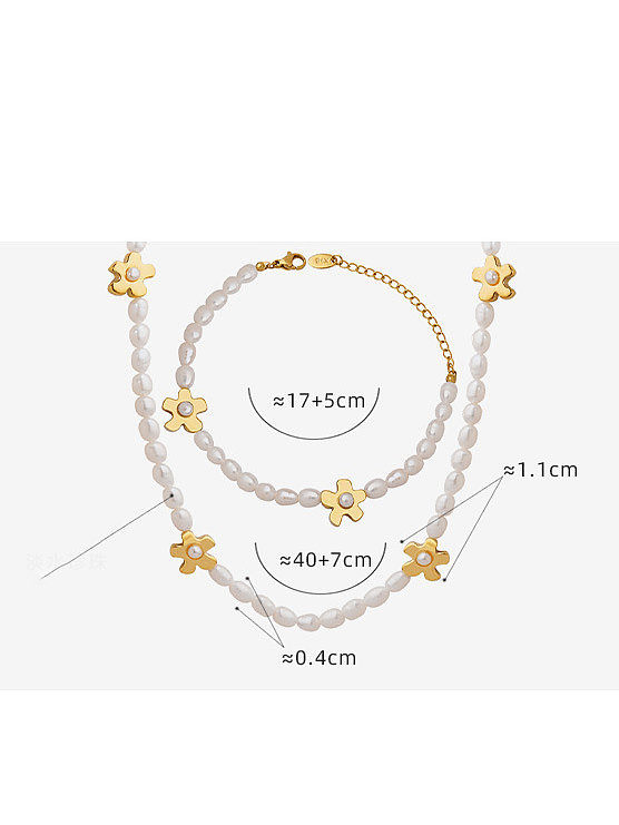 Conjunto de colar e pulseira de flor minimalista de pérola de água doce de aço titânio