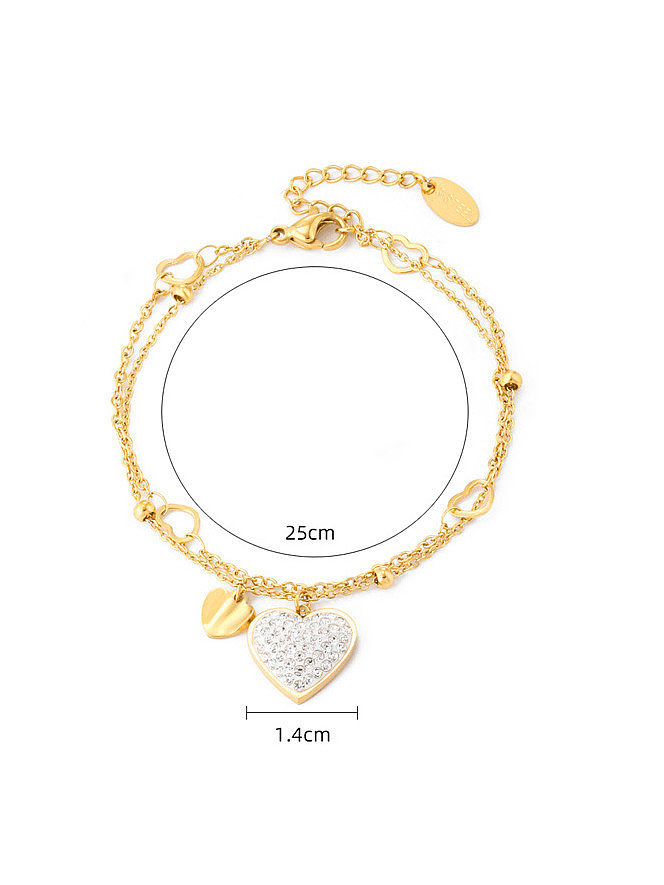 Bracelet à maillons double couche minimaliste en acier inoxydable avec strass et cœur
