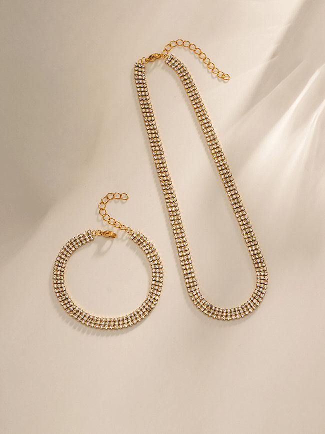 Conjunto de colar e pulseira geométrica vintage de strass de aço inoxidável