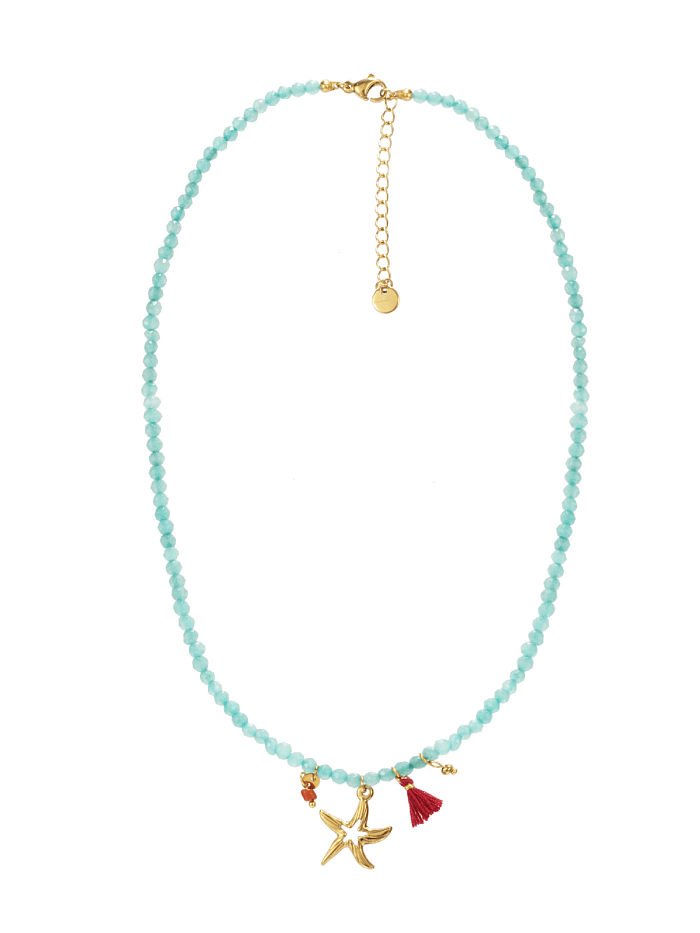 Seestern-Titan-Stahl-Halskette, handgefertigte Perlen, Naturstein, runde Perlen, Sommer, Strandurlaub, Schlüsselbeinkette