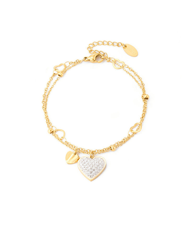 Bracelet à maillons double couche minimaliste en acier inoxydable avec strass et cœur