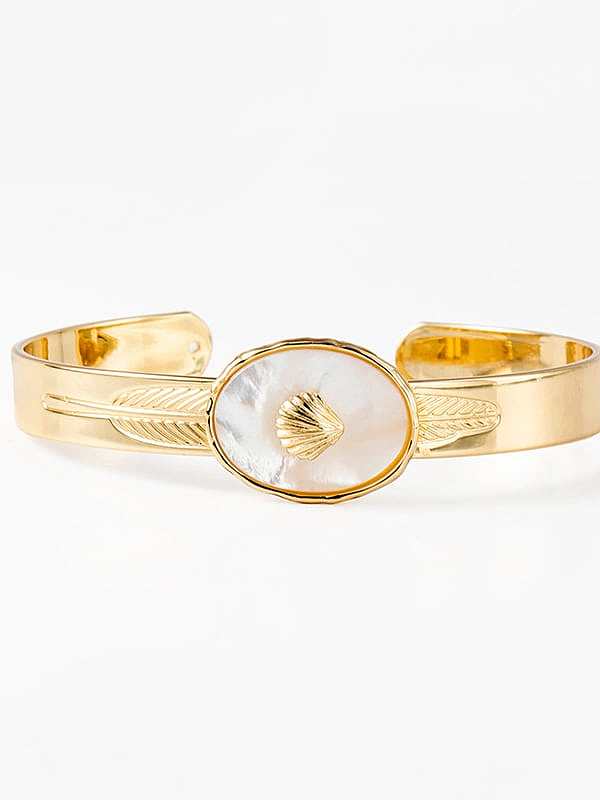 Stainless steel +Shell White Feather Minimalist Cuff Bangle