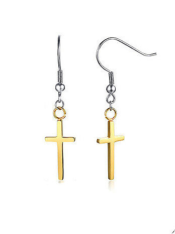 All-match Gold Plated Cross Shaped Titanium Drop Earrings