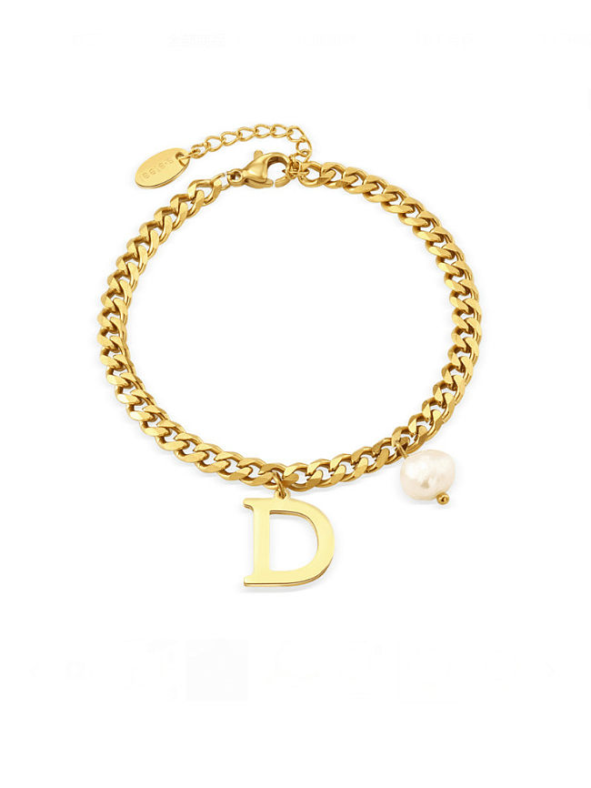 Bracelet à maillons minimalistes en acier au titane avec lettre et perle d'imitation