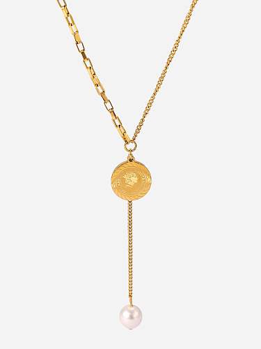 Collier Lariat Rond Tendance Perle d'eau Douce Acier Inoxydable