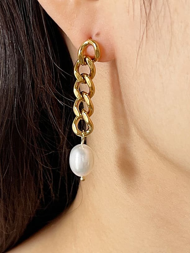 Stainless steel Imitation Pearl Geometric Vintage Asymmetrical Chain Drop Earring
