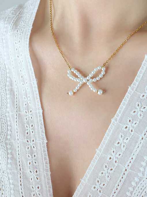 Titan Stahl Nachahmung Perle Bowknot Zierliche Halskette