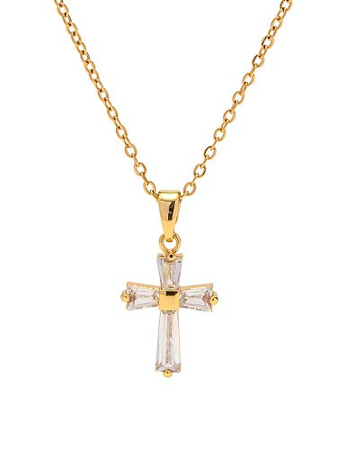 Colar religioso vintage com cruz de zircônia cúbica de aço inoxidável