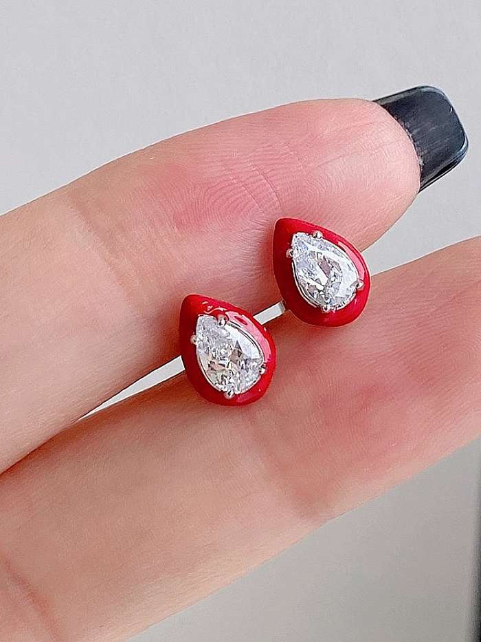 925 Sterling Silver Cubic Zirconia Enamel Heart Minimalist Stud Earring