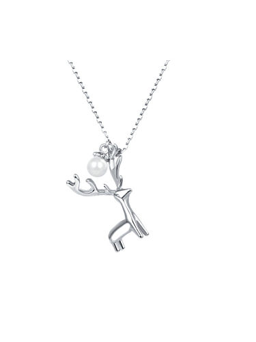 925 Sterling Silver Imitation Pearl Deer Cute Necklace