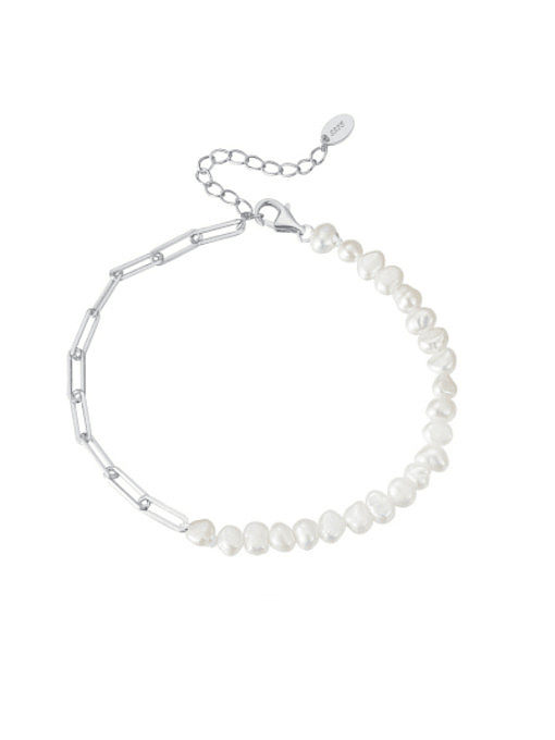 Pulsera de eslabones minimalistas geométricos de perlas de agua dulce de plata esterlina 925