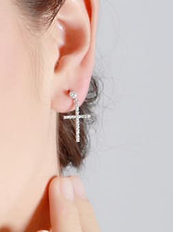 925 Sterling Silver Cubic Zirconia Cross Minimalist Drop Earring