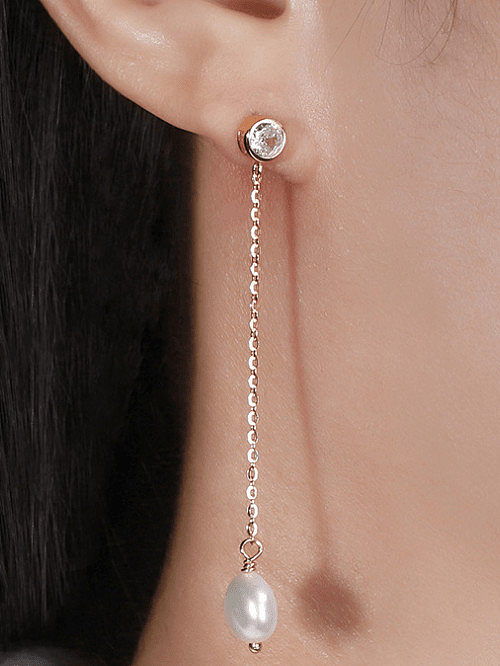 925 Sterling Silver Freshwater Pearl Tassel Minimalist Threader Earring