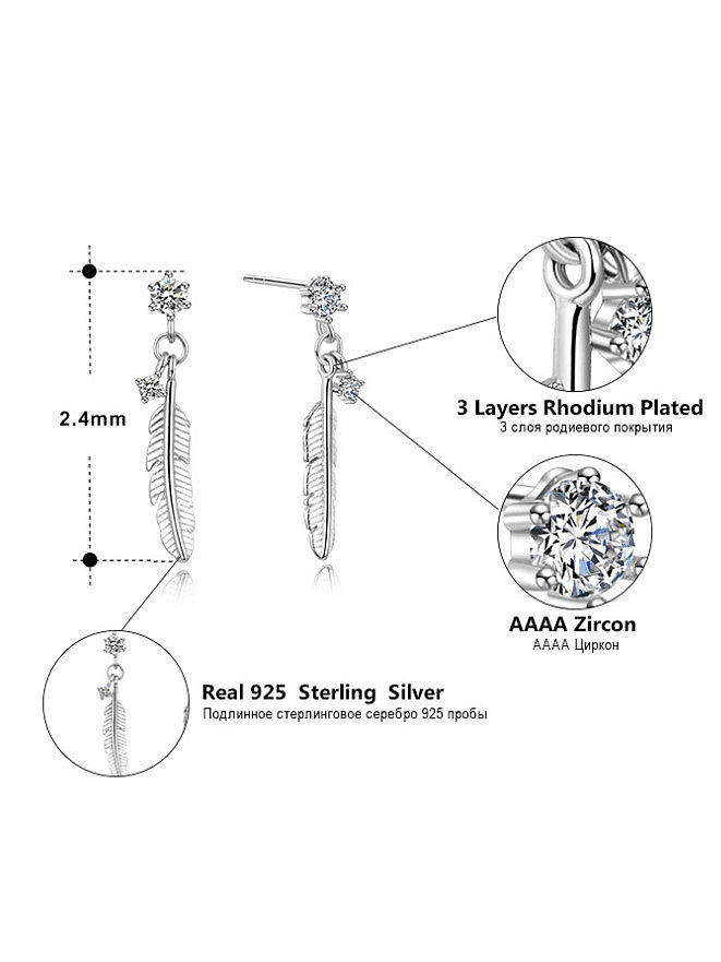 925 Sterling Silver Cubic Zirconia Feather Minimalist Drop Earring