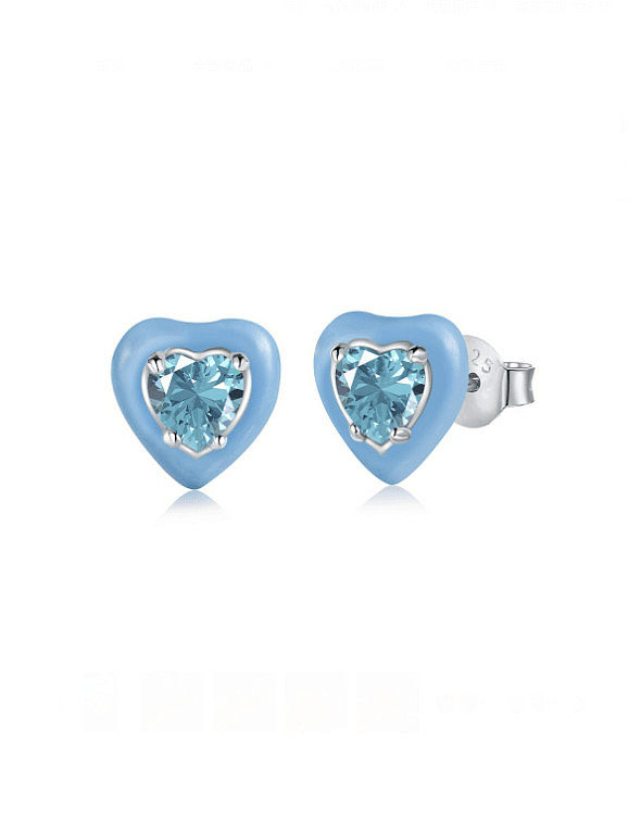 925 Sterling Silver Cubic Zirconia Enamel Heart Cute Stud Earring