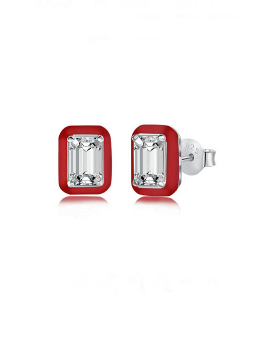 925 Sterling Silver Cubic Zirconia Enamel Geometric Minimalist Stud Earring