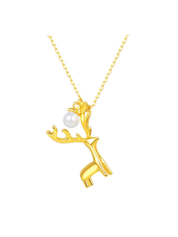 925 Sterling Silver Imitation Pearl Deer Cute Necklace