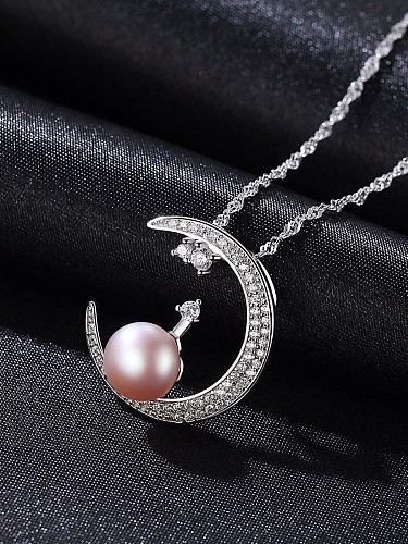 Collar Luna de plata pura con perla de circón