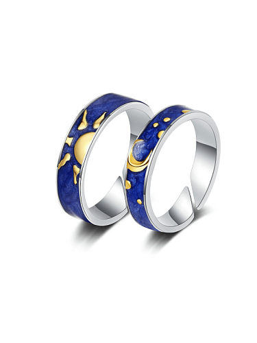 خاتم زوجين من الفضة الإسترليني عيار 925 مطلي بالمينا على شكل قمر
