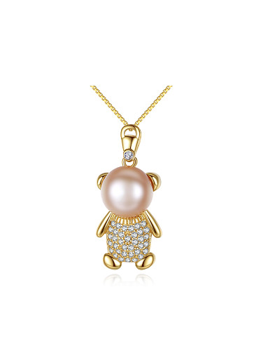 Sterling silver micro-inlaid zircon bear freshwater pearl necklace