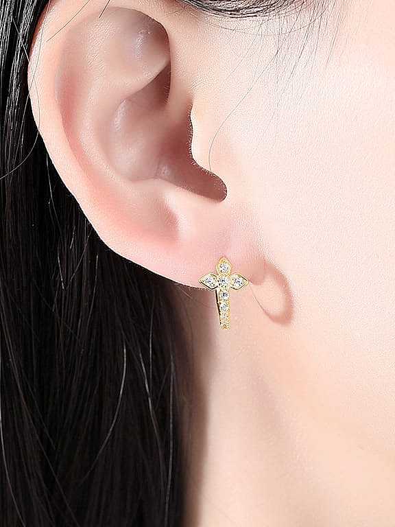 925 Sterling Silver Cubic Zirconia Cross Minimalist Huggie Earring