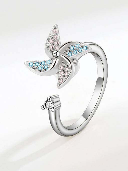 925 Sterling Silver Cubic Zirconia Flower Cute Rotating Windmill Band Ring