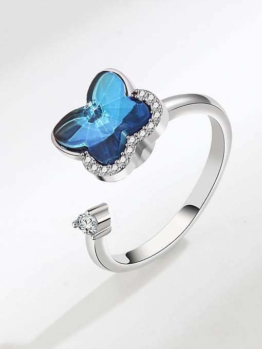 925 Sterling Silver Glass Stone Butterfly Cute Can Be Rotated Band Ring