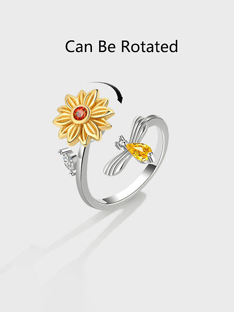 925 Sterling Silver Cubic Zirconia Flower Minimalist Can Be Rotated Band Ring