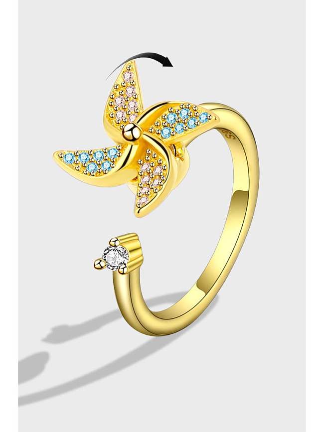 925 Sterling Silver Cubic Zirconia Flower Cute Rotating Windmill Band Ring