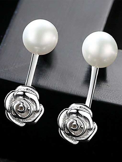 Pure silver 7-7.5mm natural freshwater pearl flower studs