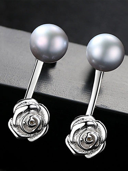 Pure silver 7-7.5mm natural freshwater pearl flower studs