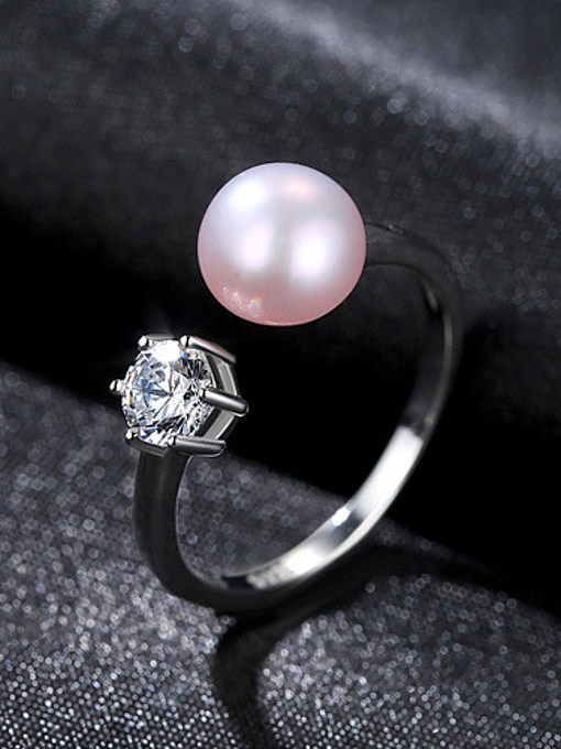 Sterling silver zircon natural freshwater pearl free size ring