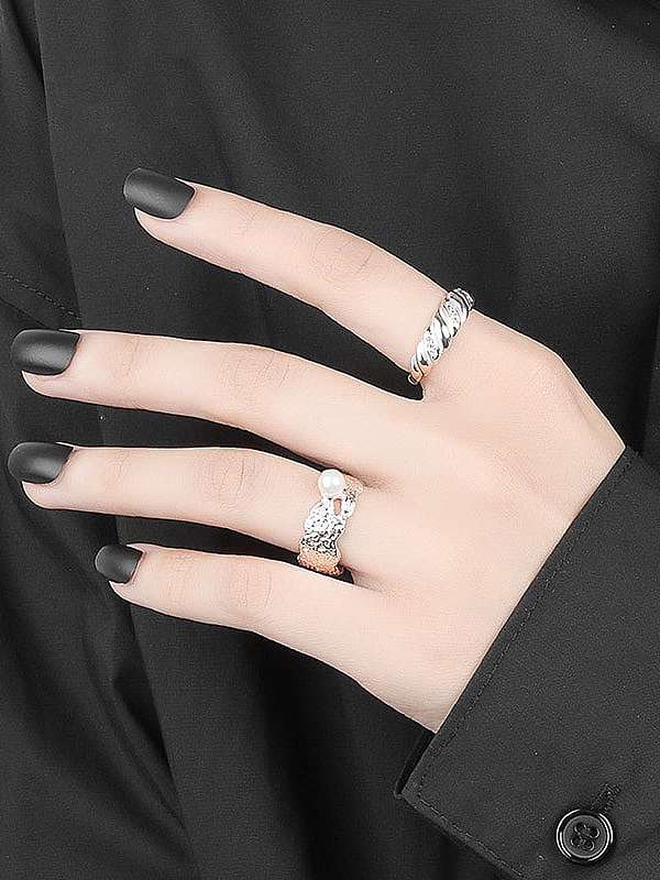 925 Sterling Silver Imitation Pearl Geometric Vintage Band Ring