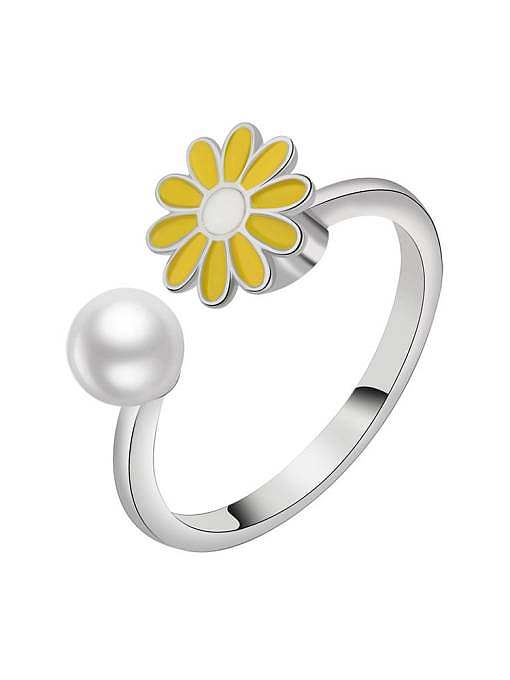 925 Sterling Silver Enamel Imitation Pearl Flower Cute Can Be Rotated Band Ring