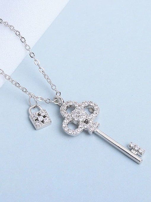 925 Sterling Silver Cubic Zirconia Flower Dainty Key Pendant Necklace
