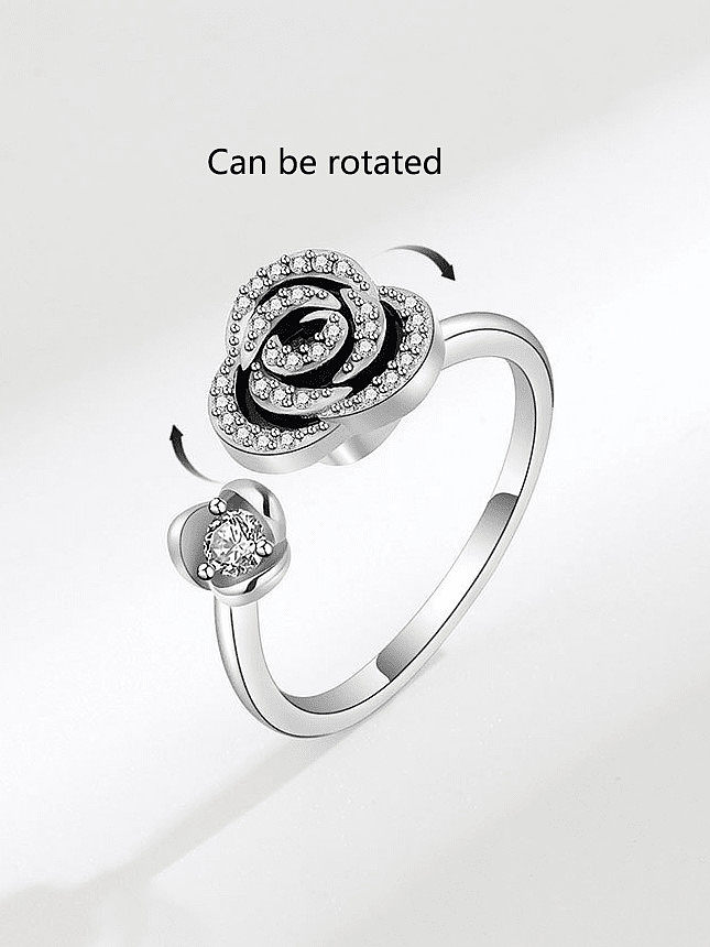925 Sterling Silver Cubic Zirconia Flower Artisan Can Be Rotated Band Ring