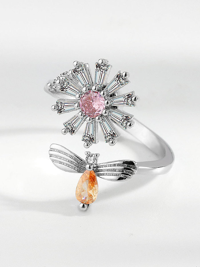925 Sterling Silver Cubic Zirconia Flower Minimalist Band Ring