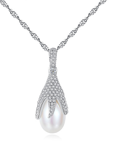 Collar de perlas naturales de circón AAA con incrustaciones de plata pura