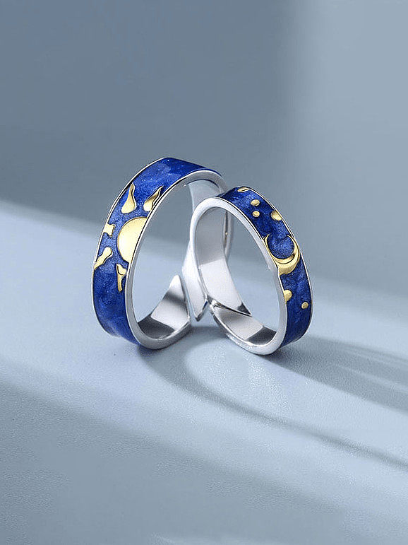 925 Sterling Silver Enamel Moon Minimalist Couple Ring