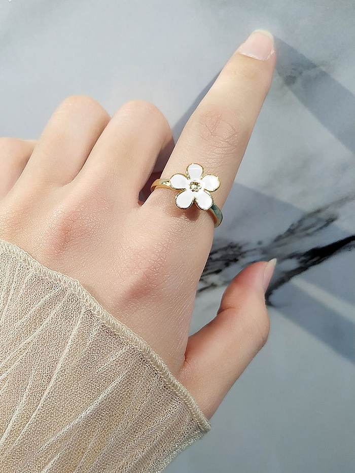 925 Sterling Silver Enamel Flower Cute Can Be Rotated Band Ring