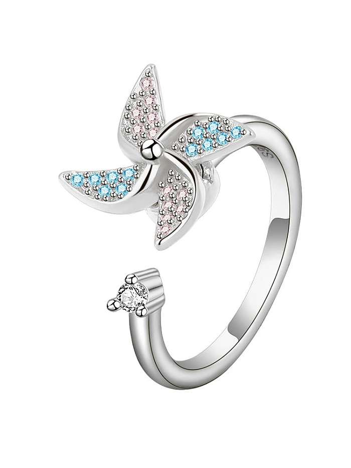 925 Sterling Silver Cubic Zirconia Flower Cute Rotating Windmill Band Ring