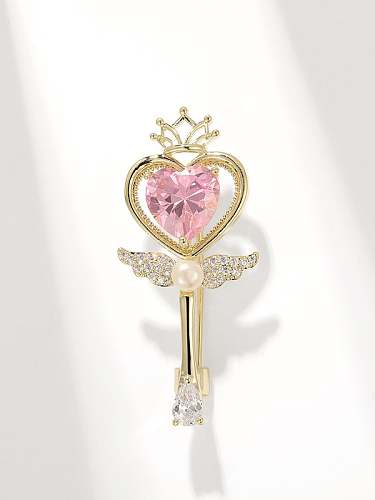 Brass Cubic Zirconia Pink Heart Dainty Brooch
