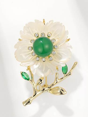 Broche vintage de flor verde de zircônia cúbica de latão